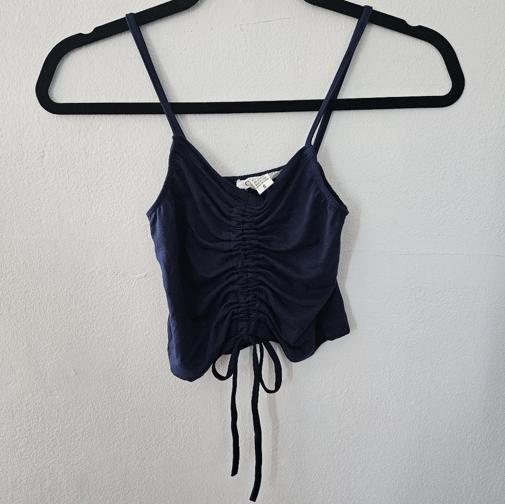 CAPELLA Navy Blue Ruched Drawstring Cami Crop Top Size S NWOT